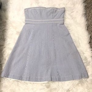 Blue and White Strapless SeerSucker Midi Dress